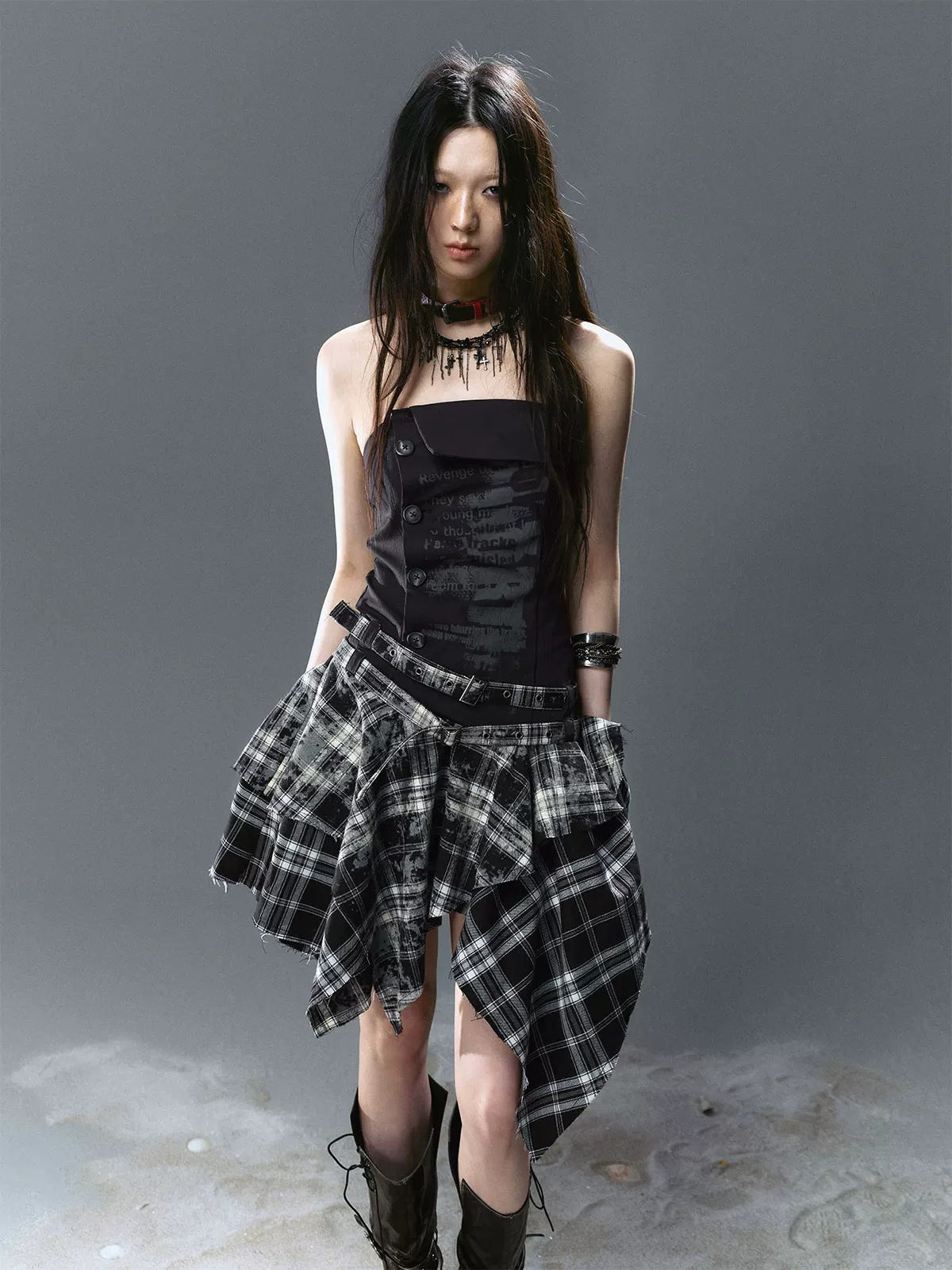 Graffiti Ruched Plaid Bustier Dress