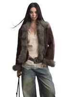 Bow Knot Tie Faux Leather Fur Combo Jacket