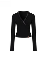 V-Neck Beaded Trim Knit Top
