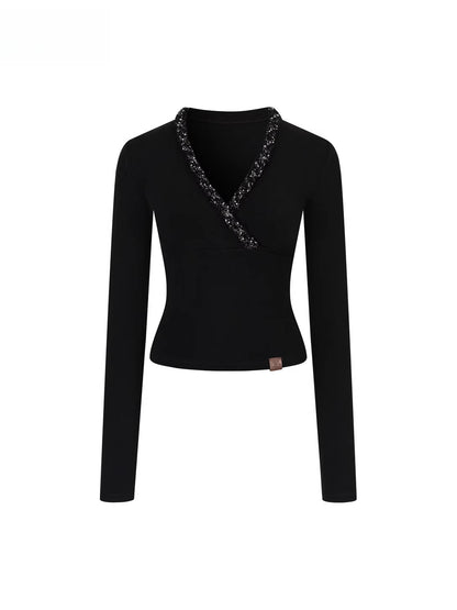 V-Neck Beaded Trim Knit Top