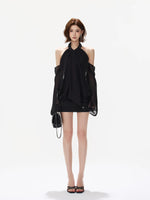 Halter Ruched Bell Sleeve Mini Dress