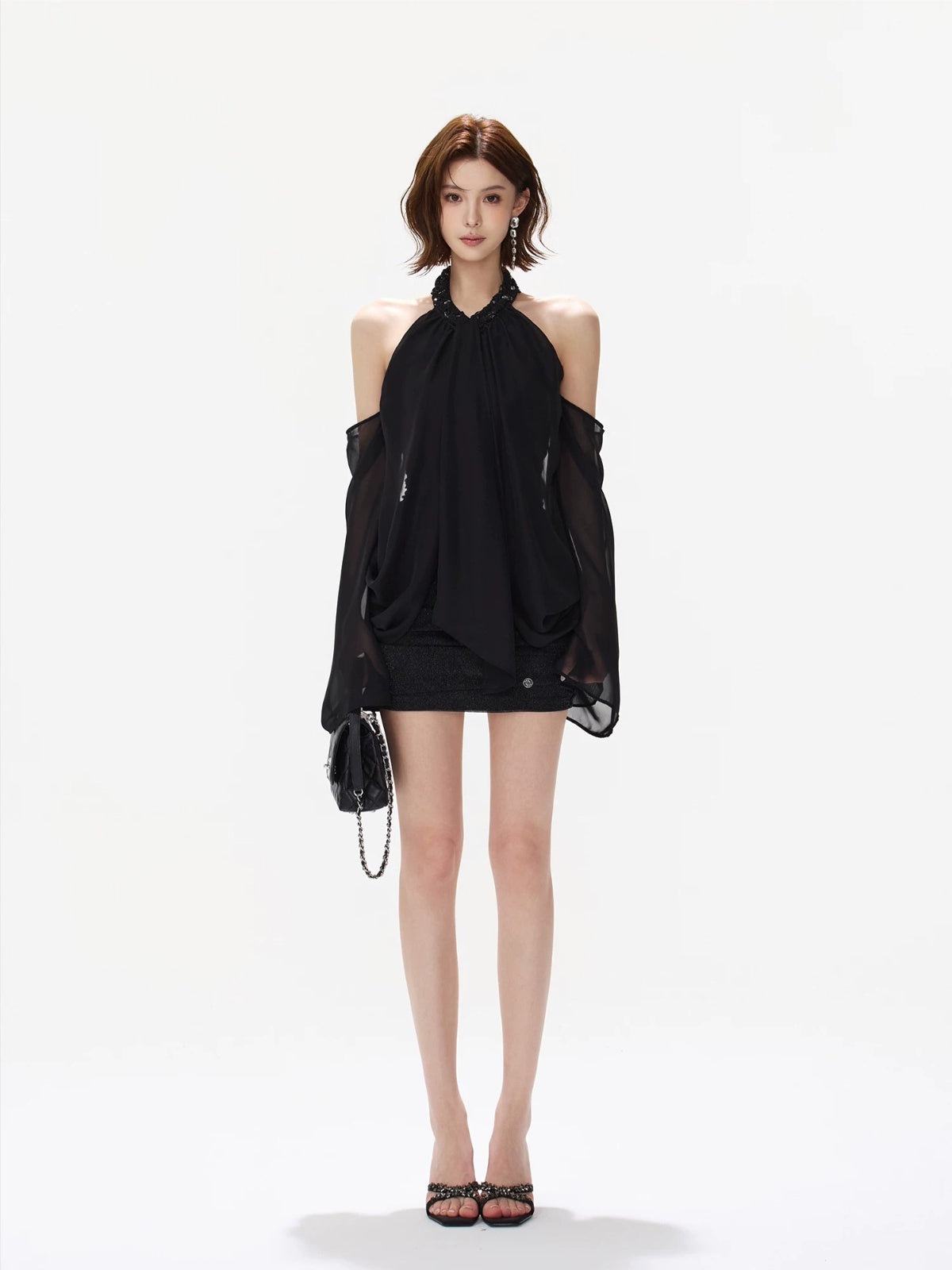Halter Ruched Bell Sleeve Mini Dress