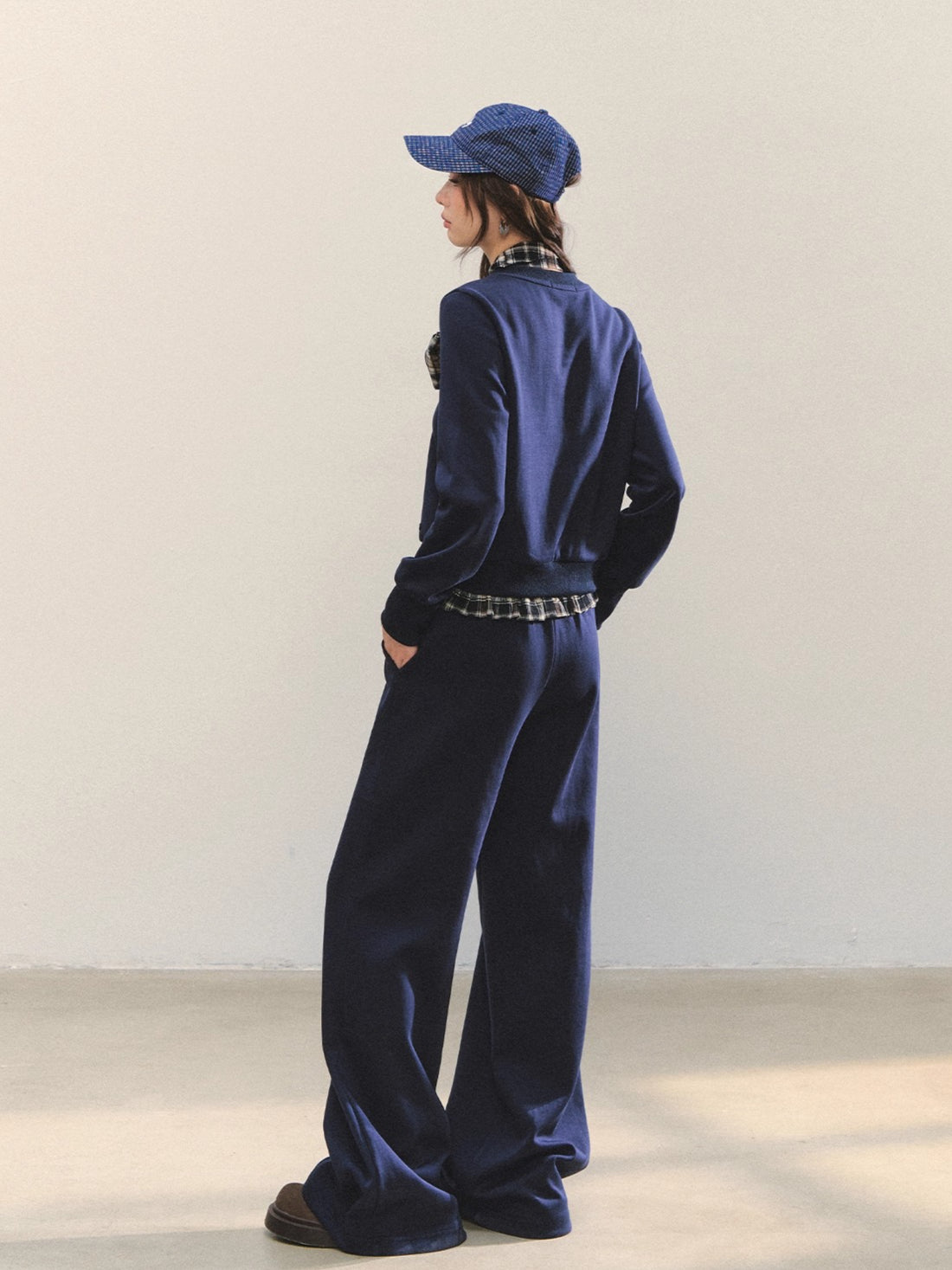 Navy Blue Plaid Bow-Tie Sweatshirt &amp; Pants Set
