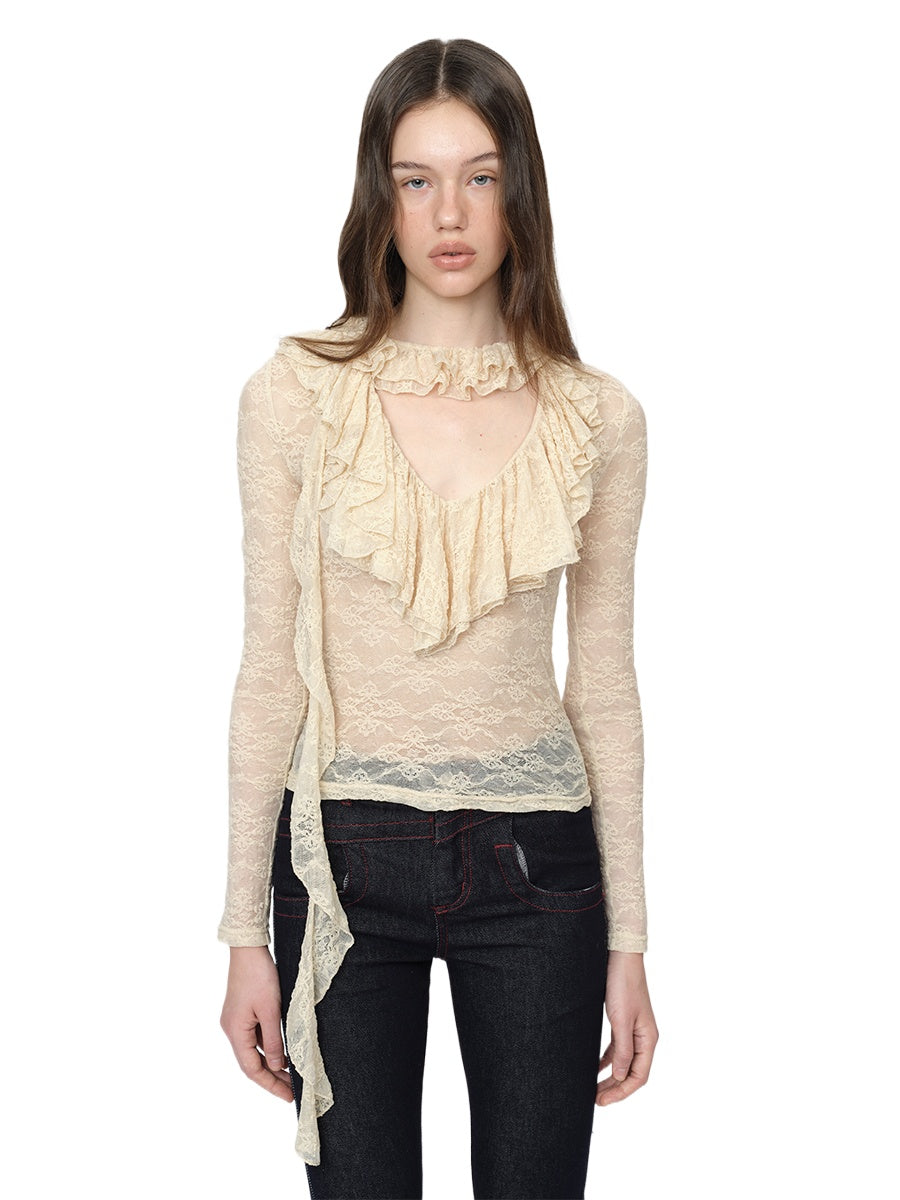 Beige Lace Trim Blouse