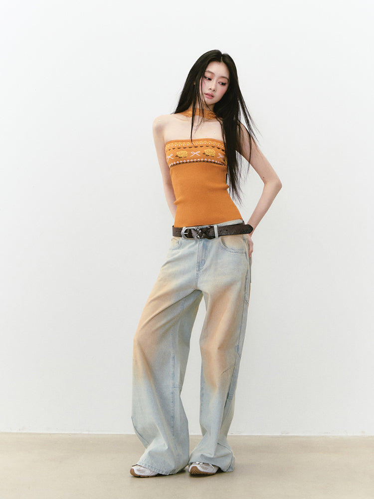 Washed and Distressed Color Block Denim Pants
