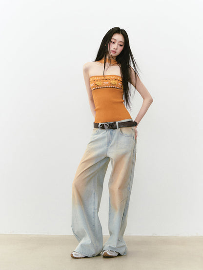 Washed and Distressed Color Block Denim Pants