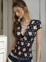 Printed Drawstring V-neck Tee