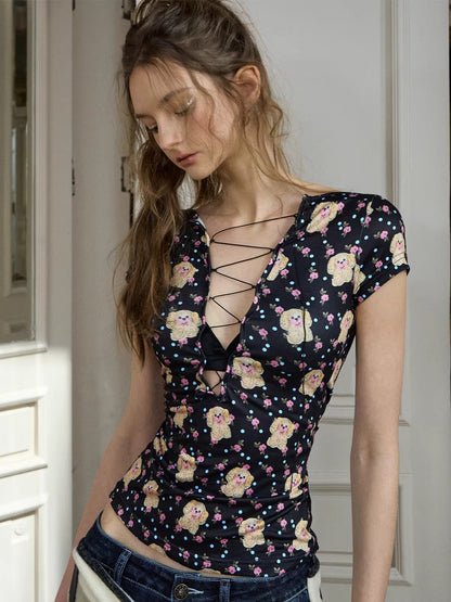 Printed Drawstring V-neck Tee