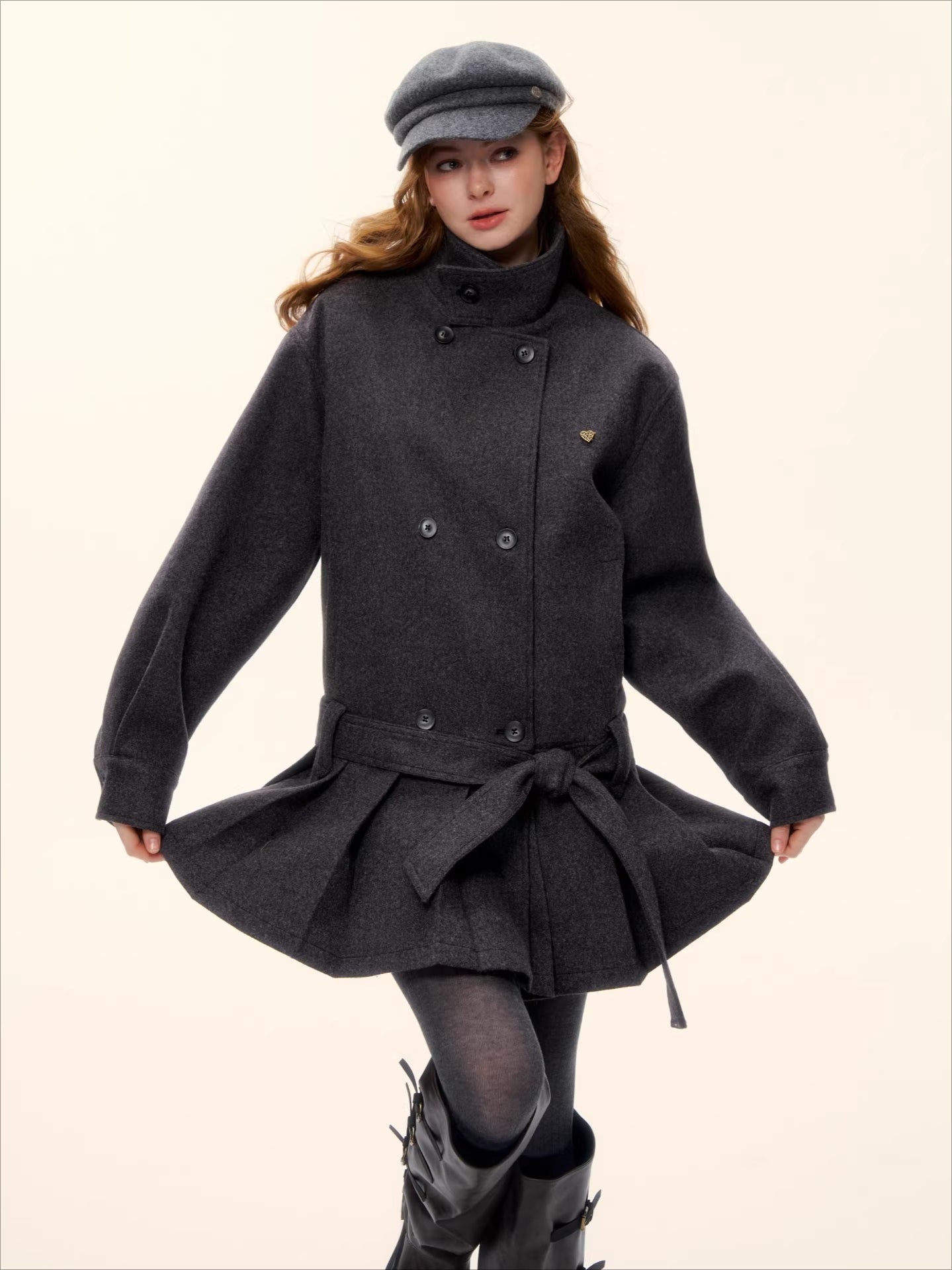 Double-Breasted Pleated Hem Wool Down Coat