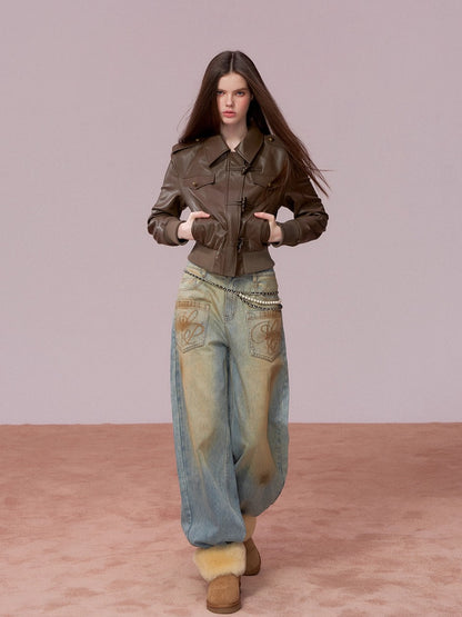 Cropped PU Leather Moto Jacket