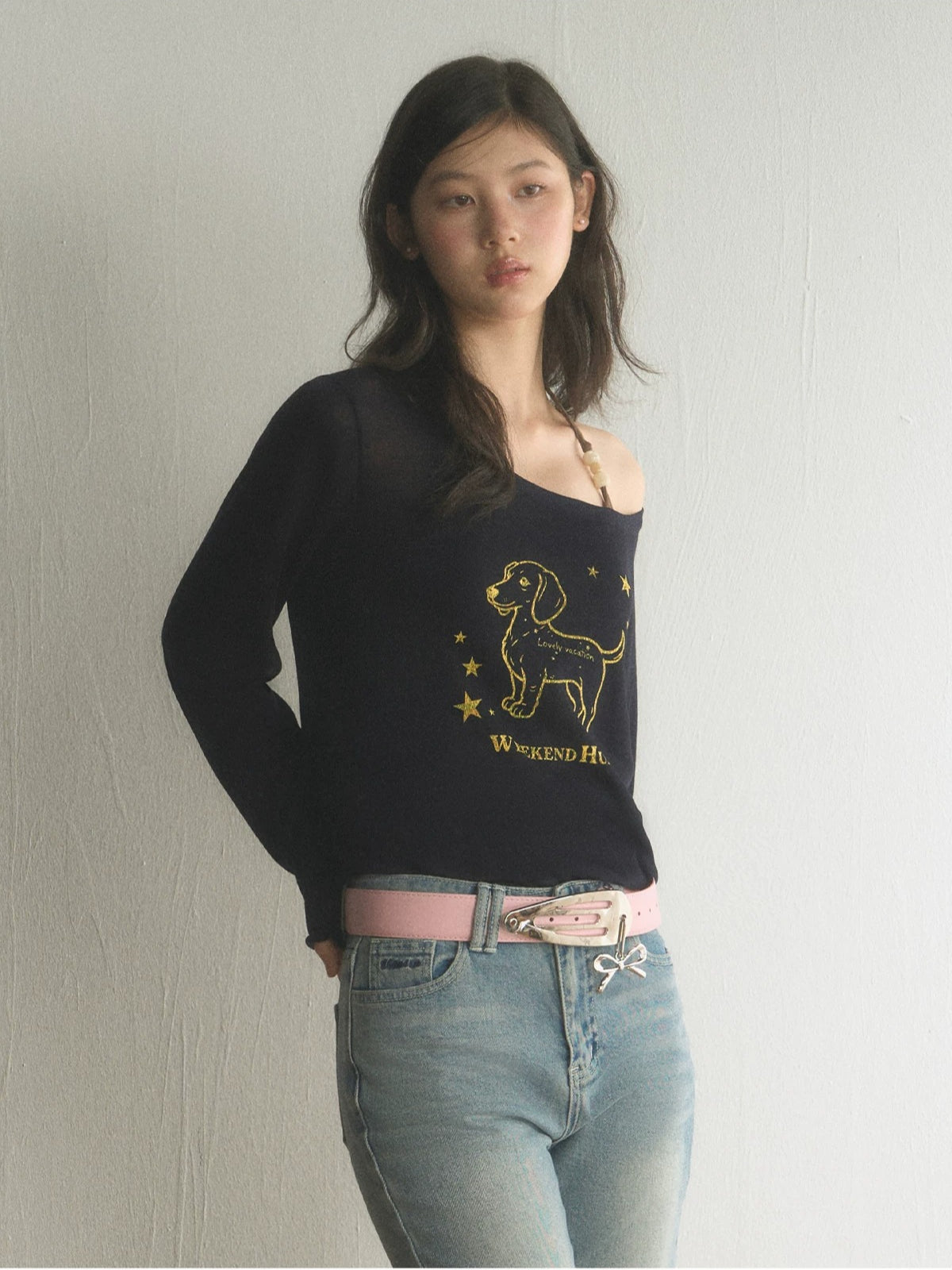 Dachshund Print Off Shoulder Top
