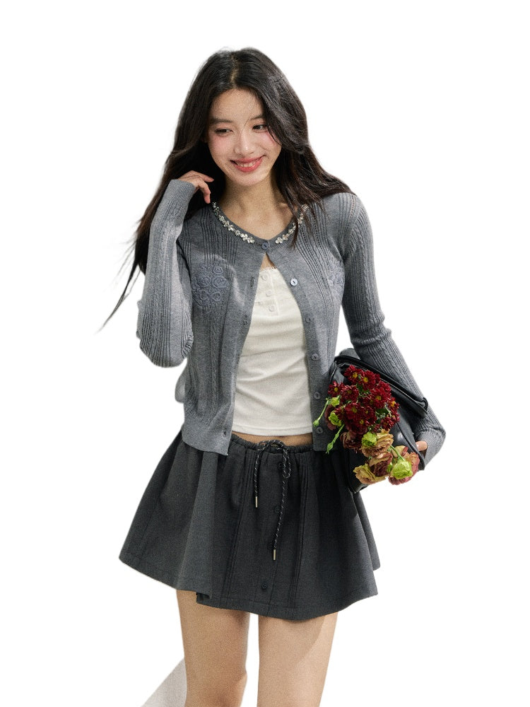 Handmade Rhinestone Collar Rose-Embroidered Knitted Cardigan