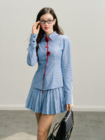 Navy Blue Rose Plaid Pleated Skirt