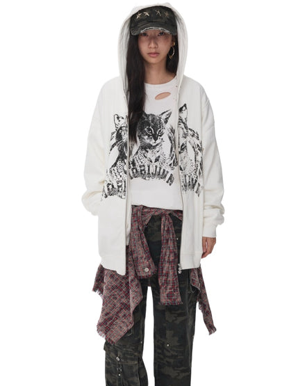 Cat Graphic Double-Zip Convertible Hoodie Jacket