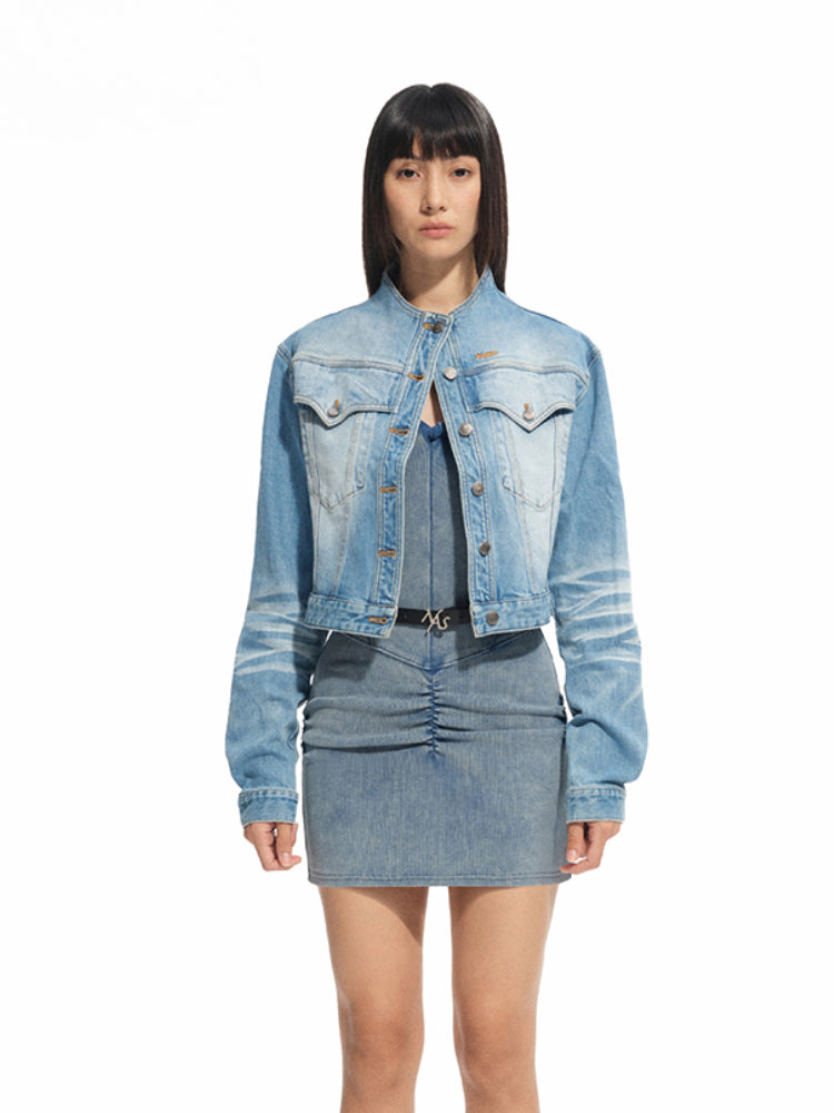 Twill Denim Cat-Whisker Stand-Collar Short Jacket