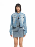 Twill Denim Cat-Whisker Stand-Collar Short Jacket