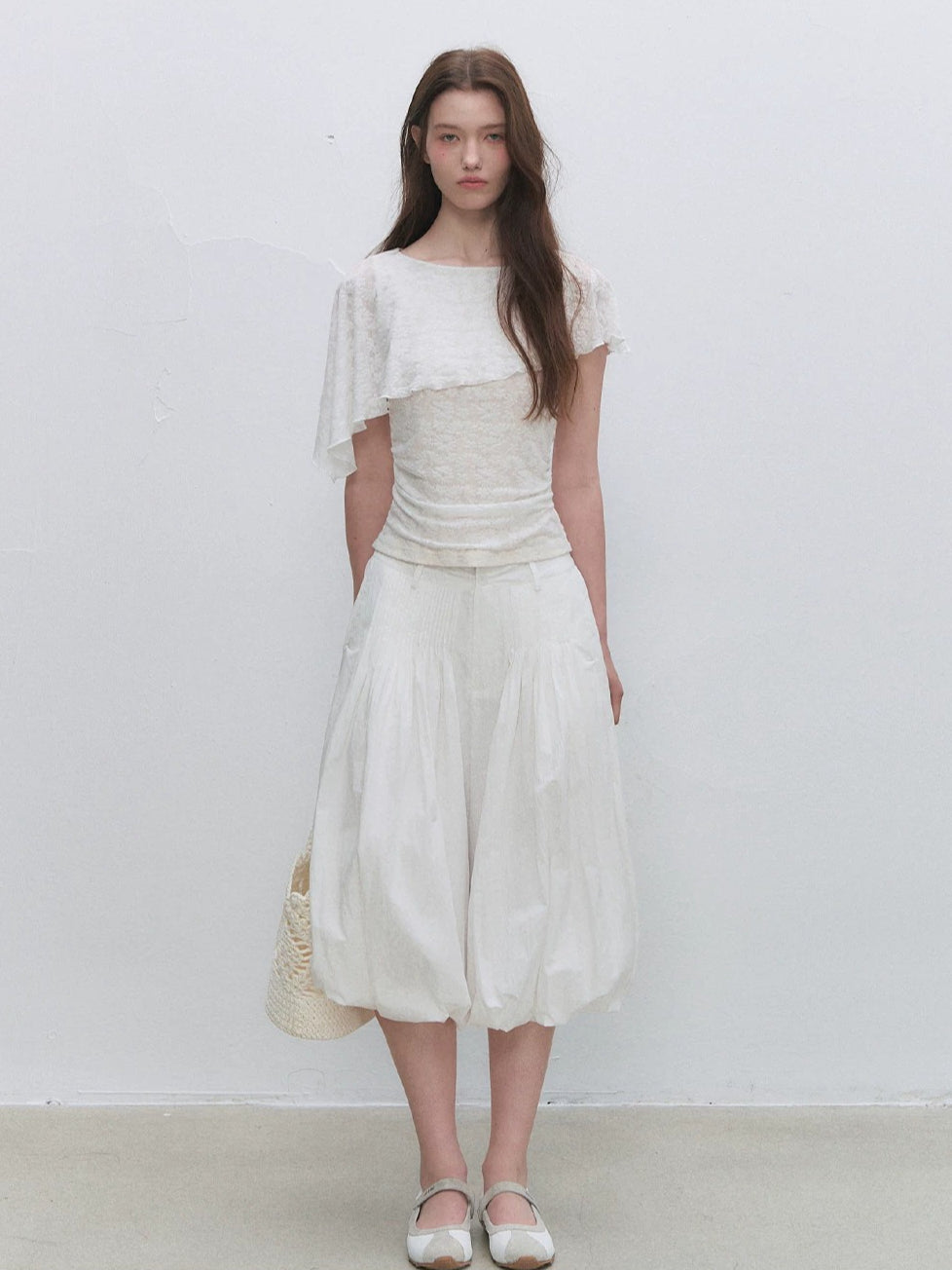 White Jacquard Cape Sleeve Top