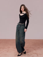 Retro Blue Studded Letter Wide-Leg Jeans