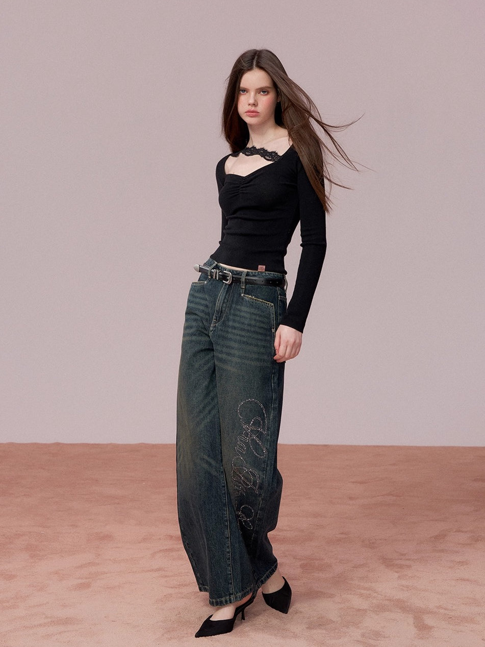 Retro Blue Studded Letter Wide-Leg Jeans