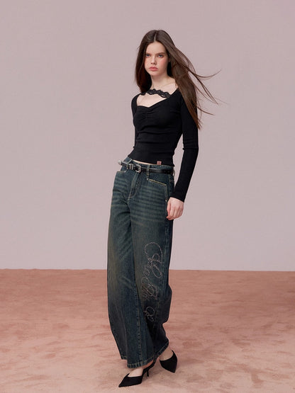 Retro Blue Studded Letter Wide-Leg Jeans