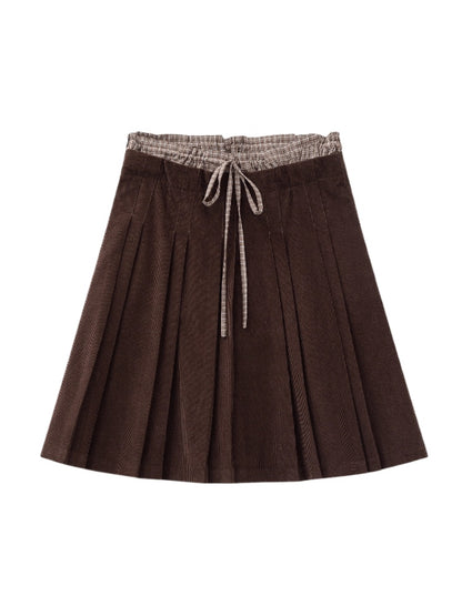 “Chestnut” Double-Waist Pleated Corduroy Skirt