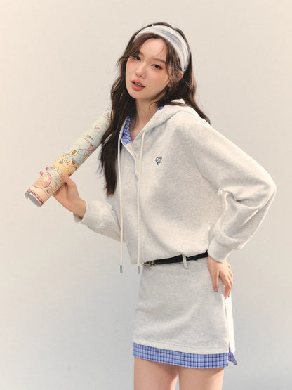 Gray Floral Checkered Patchwork Hoodie Dress