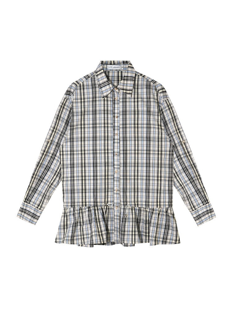 Drawstring Hem Plaid Long Shirt
