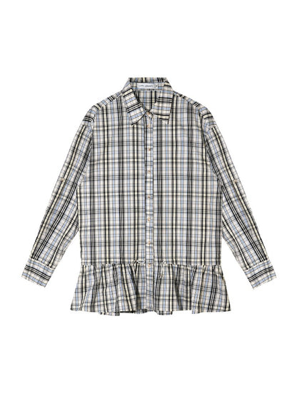 Drawstring Hem Plaid Long Shirt