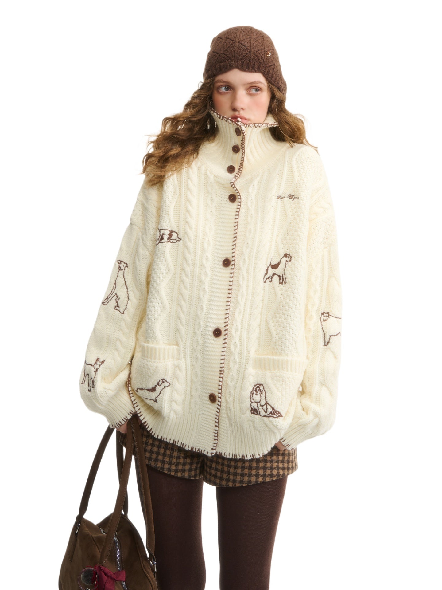 Dog Embroidered Cable Standneck Cardigan
