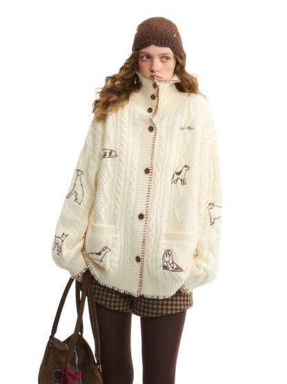 Dog Embroidered Cable Standneck Cardigan