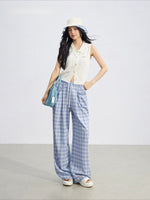 Lace Plaid Wide-Leg Pants