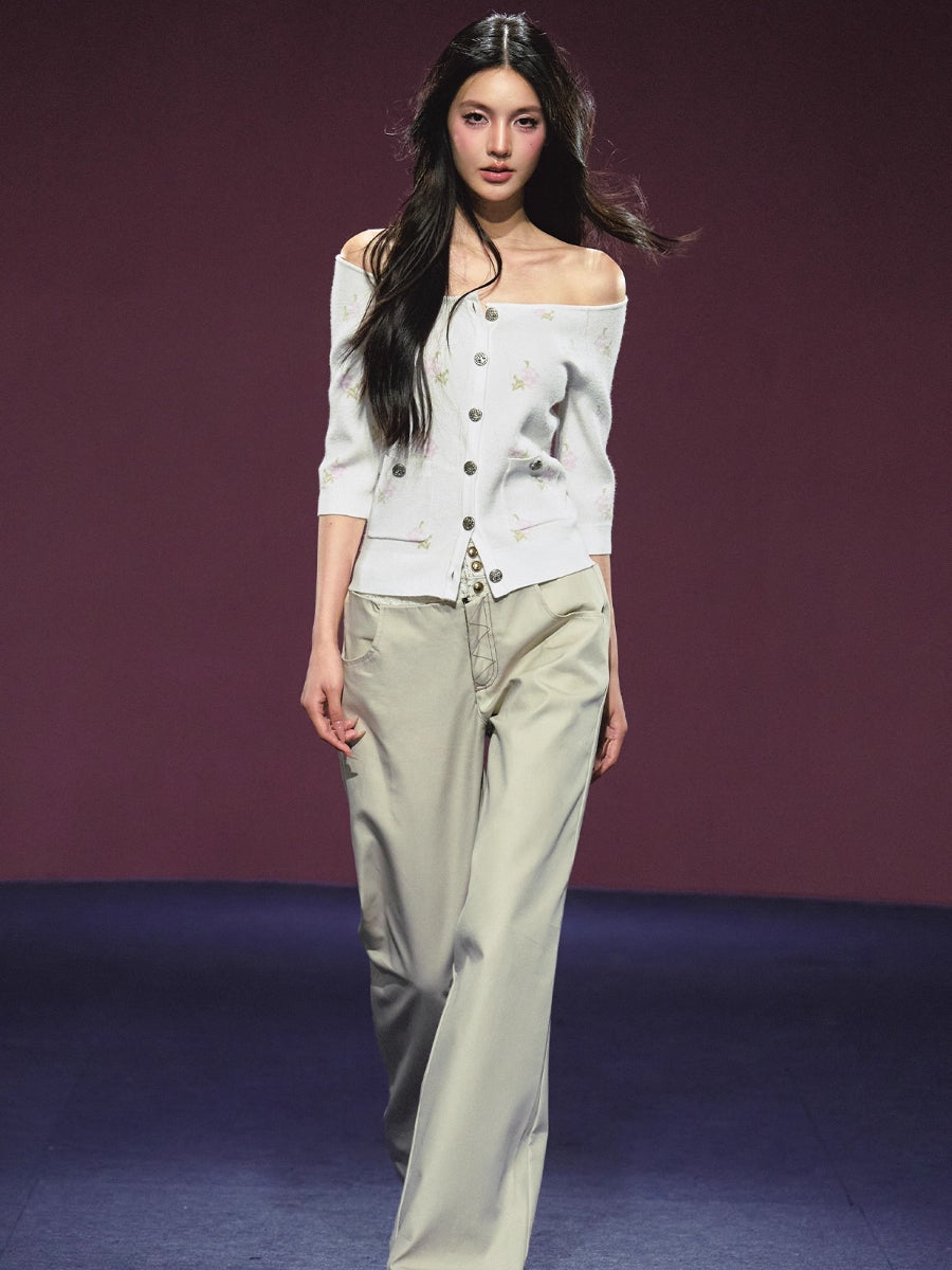 Floral Pattern Off-shoulder Mosaic Knit Cardigan