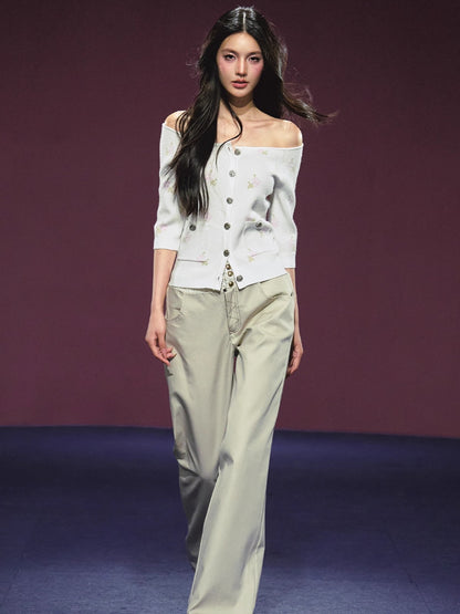 Floral Pattern Off-shoulder Mosaic Knit Cardigan