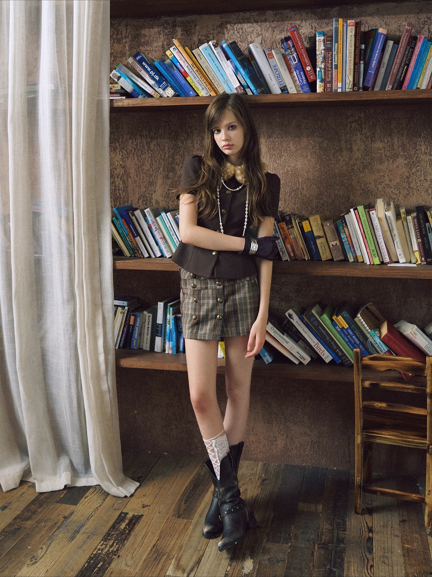Double-Button Plaid Skort
