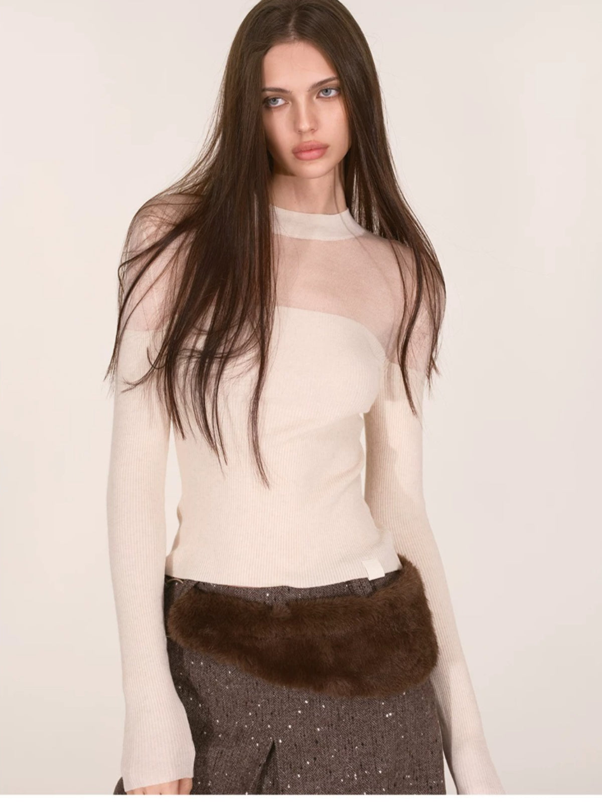Sheer Mesh Mock Neck Fitted Knit Top