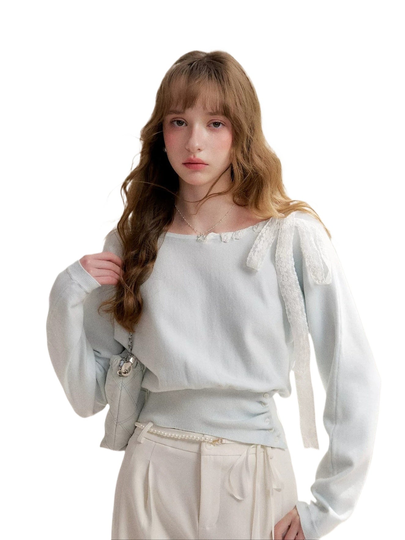 Mint Green Lace Tie Knit Pullover