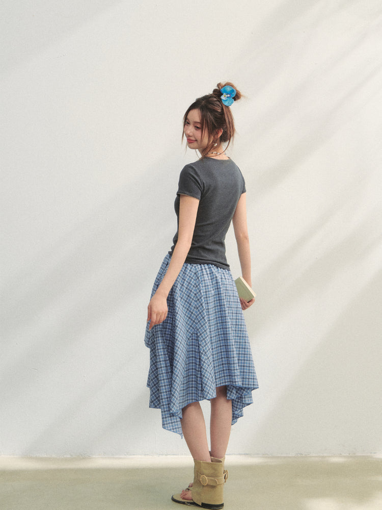 Blue Checkered Irregular Tie-Waist Skirt