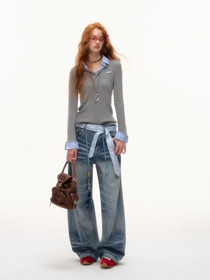 Blue Beaded Washed Denim Pants