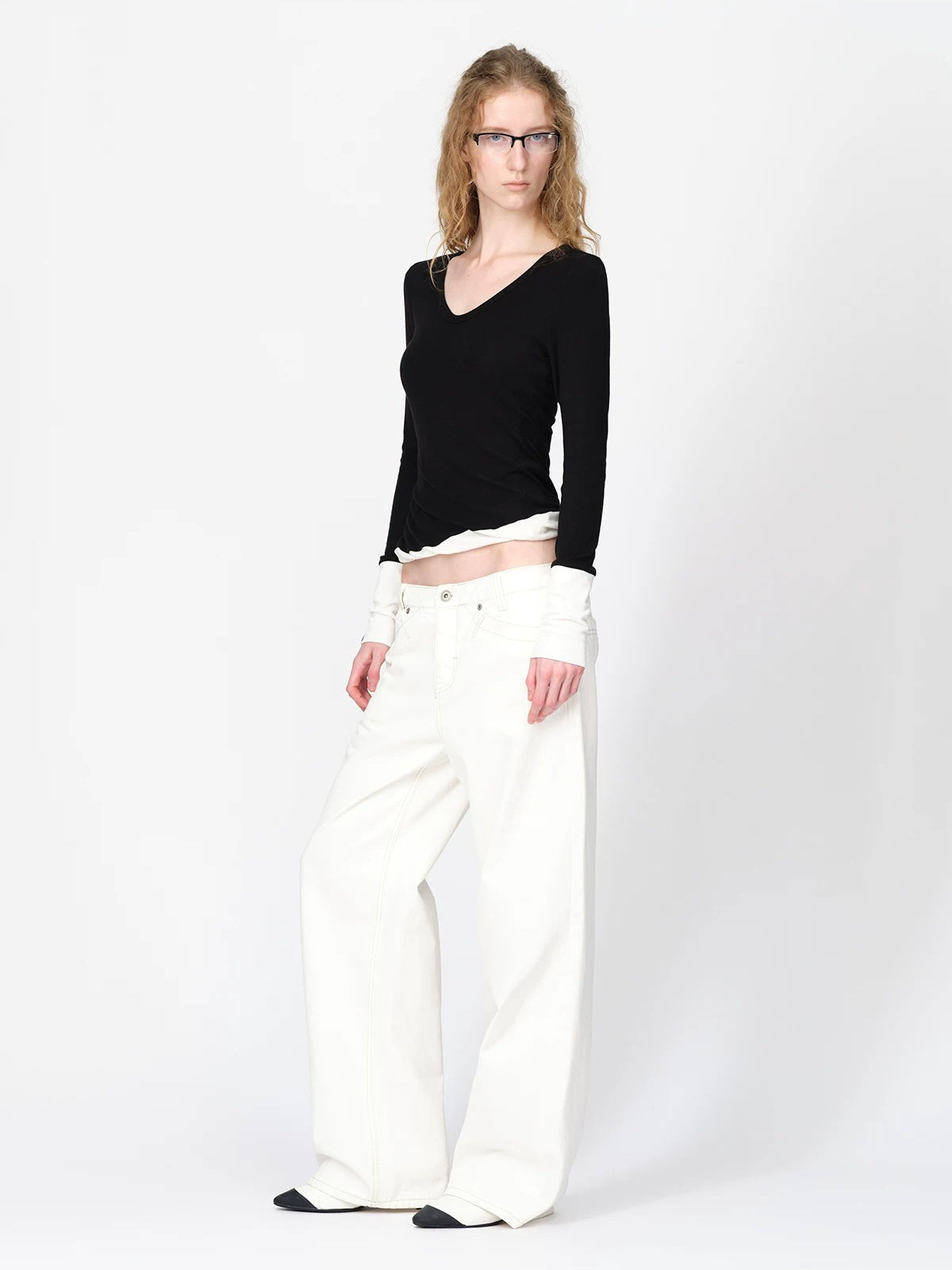 Wool Contrast V Neck Ruched Top