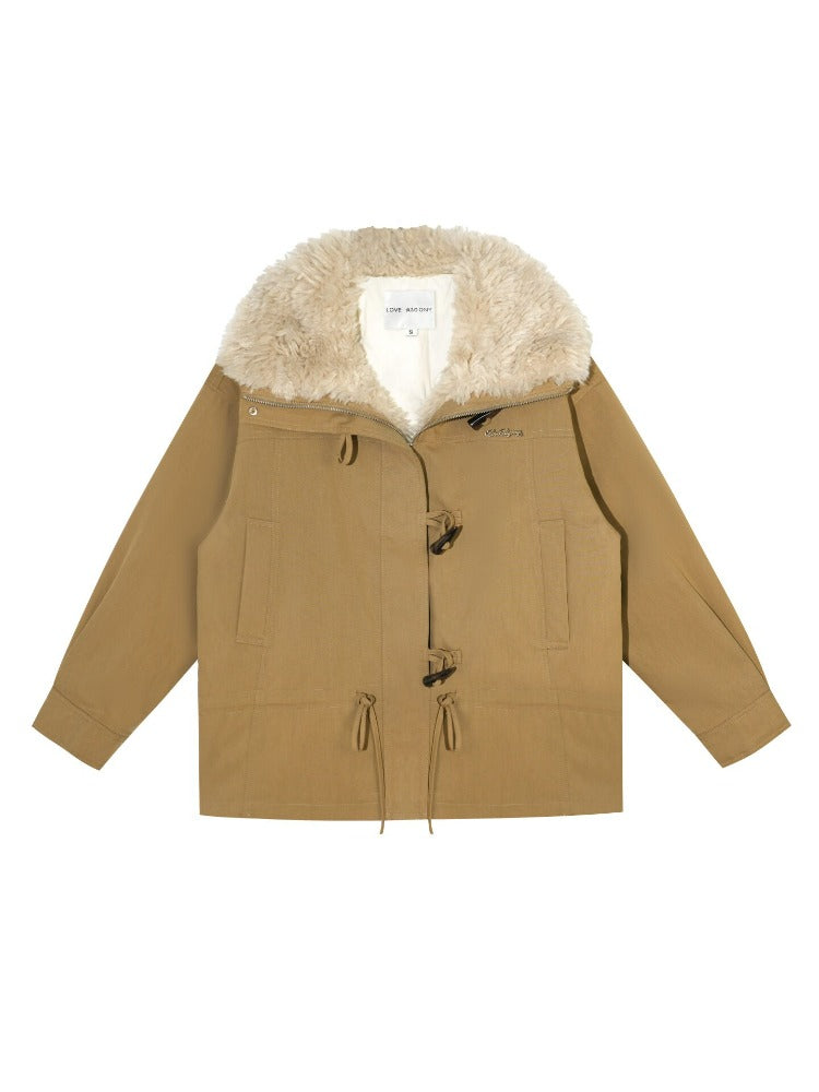 Faux Fur Collar Drawstring Loose Down Parka
