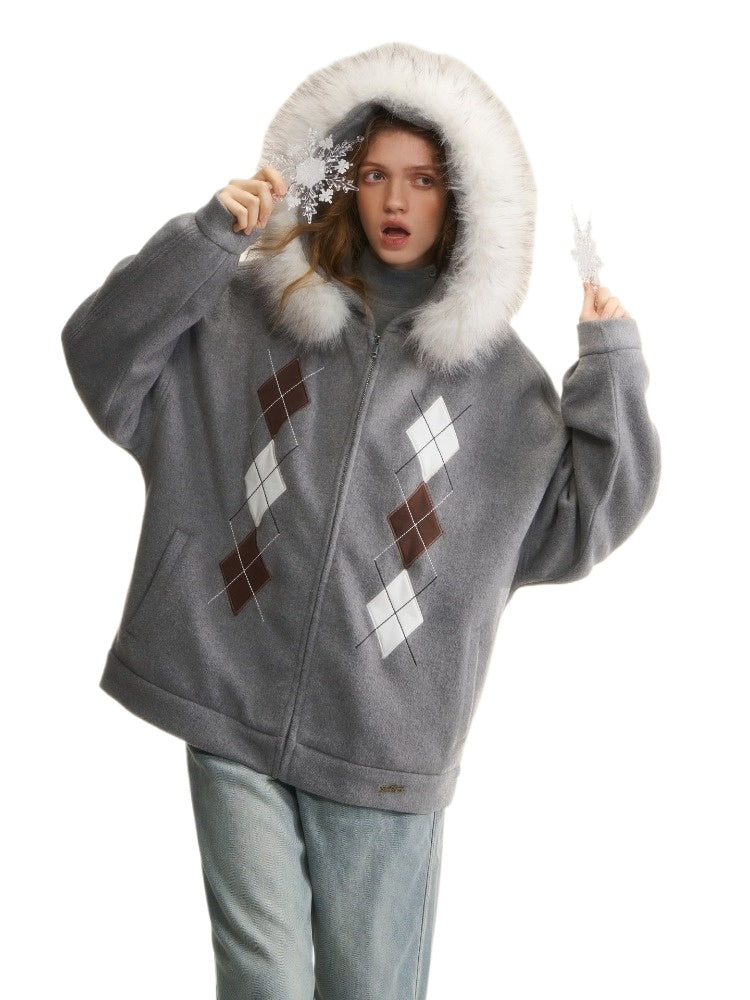 Argyle Patch Wool Hoodie Cardigan