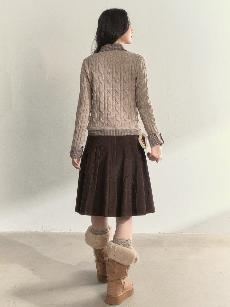 “Chestnut” Double-Waist Pleated Corduroy Skirt