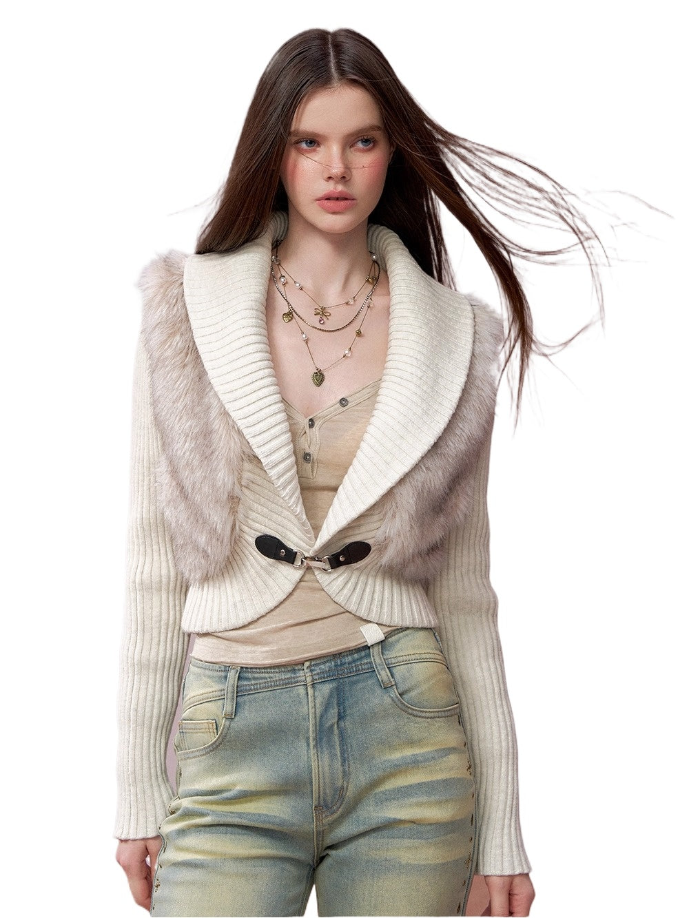 Faux Fur Panel Knitted Short Jacket