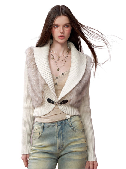 Faux Fur Panel Knitted Short Jacket