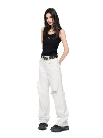 Ripped Denim Wide-Leg Pants