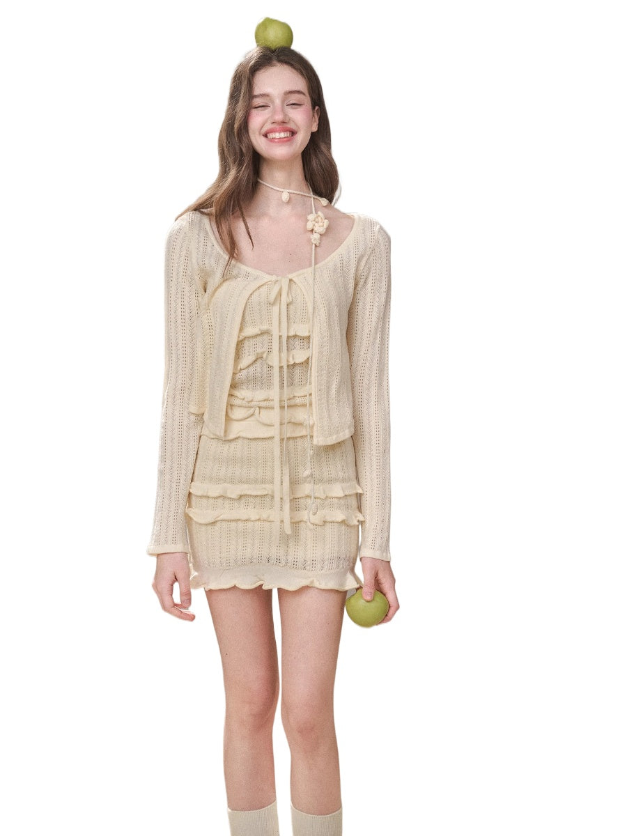 Hollow Out Cream Knit 3-Piece Set