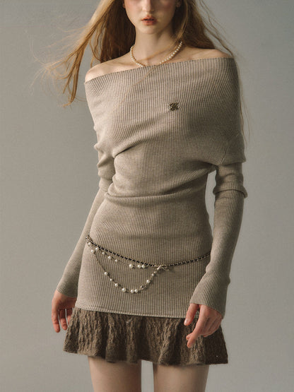 Khaki &amp; Black Off-shoulder Knitted Mini Dress
