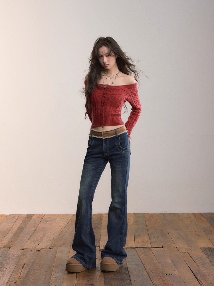 Off-Shoulder Cable Knit Sweater