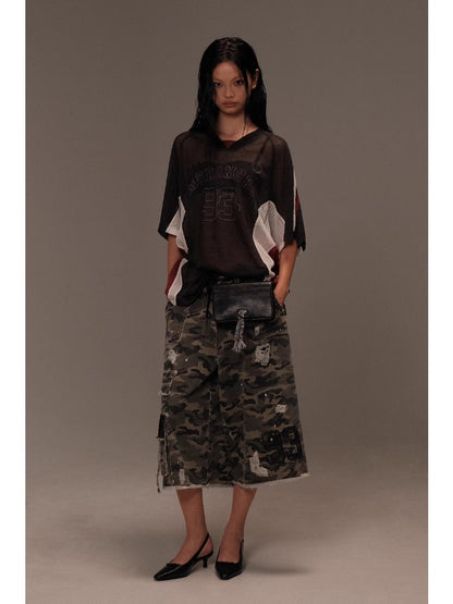 Lace Patchwork Ripped Camouflage Capri Pants