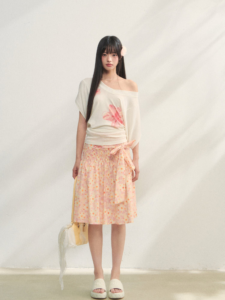 Floral V-Neck Bat-Sleeve T-Shirt